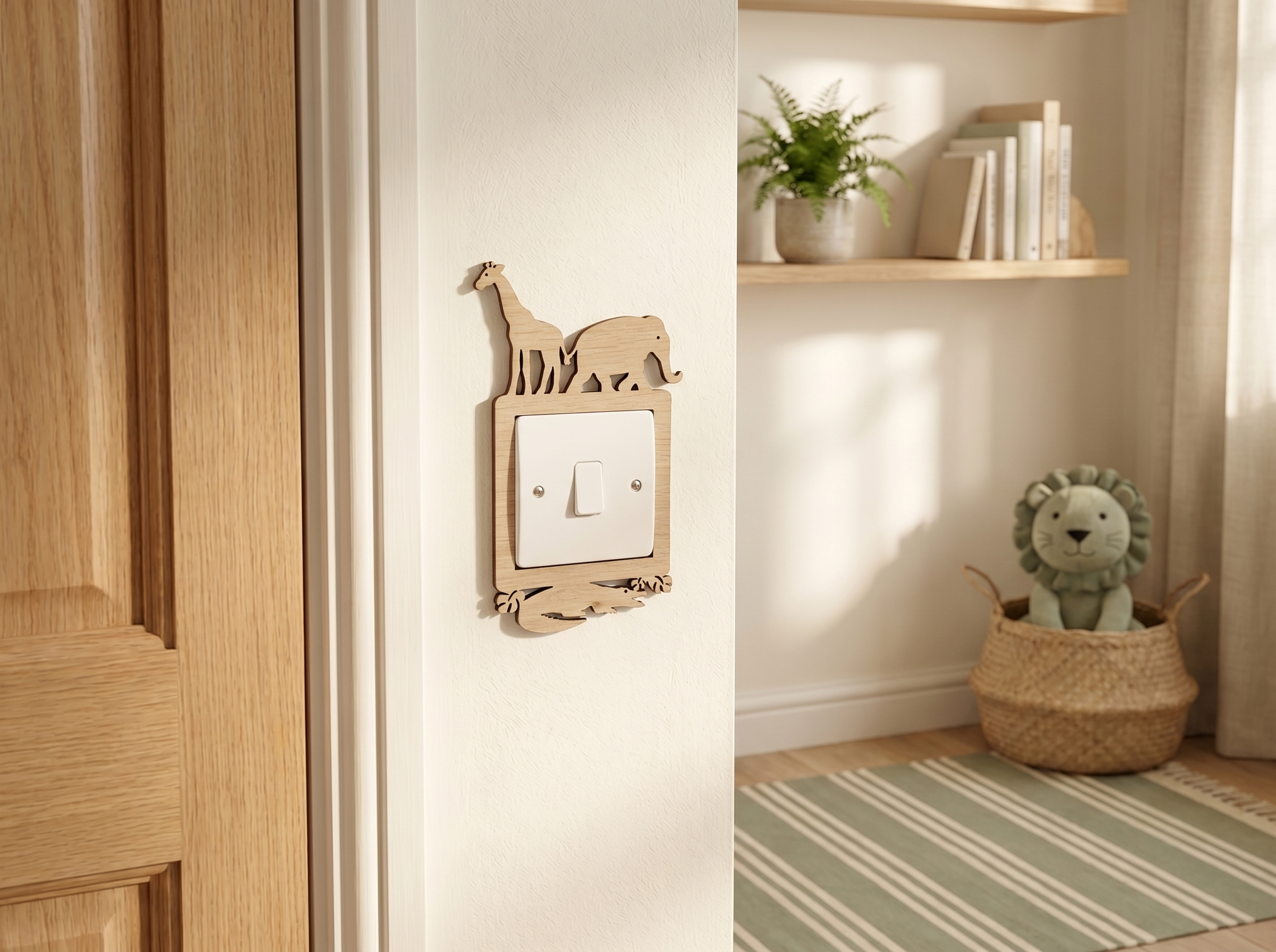 Wooden light switch cover with jungle  animal design in a child's room safari themed bedroom. 