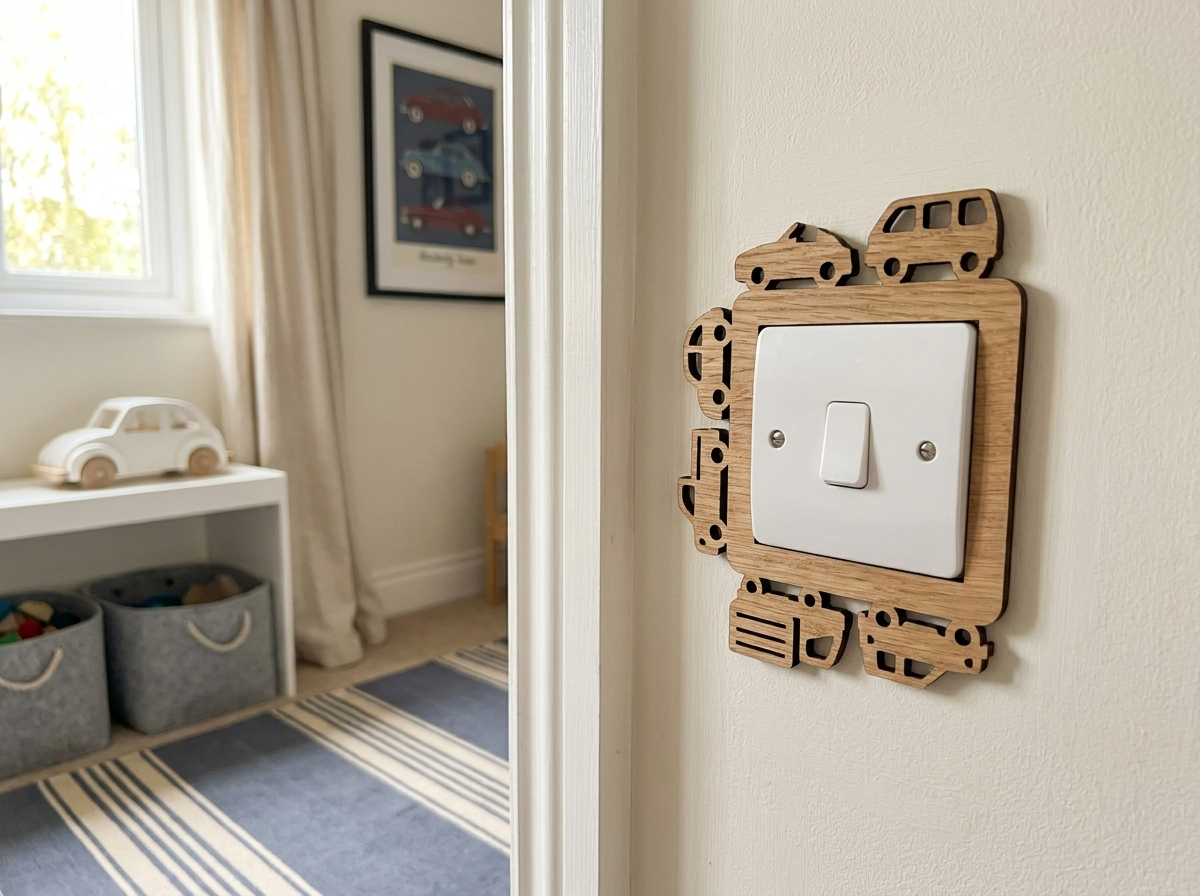 Decorative wooden light switch cover with car design in a child's room