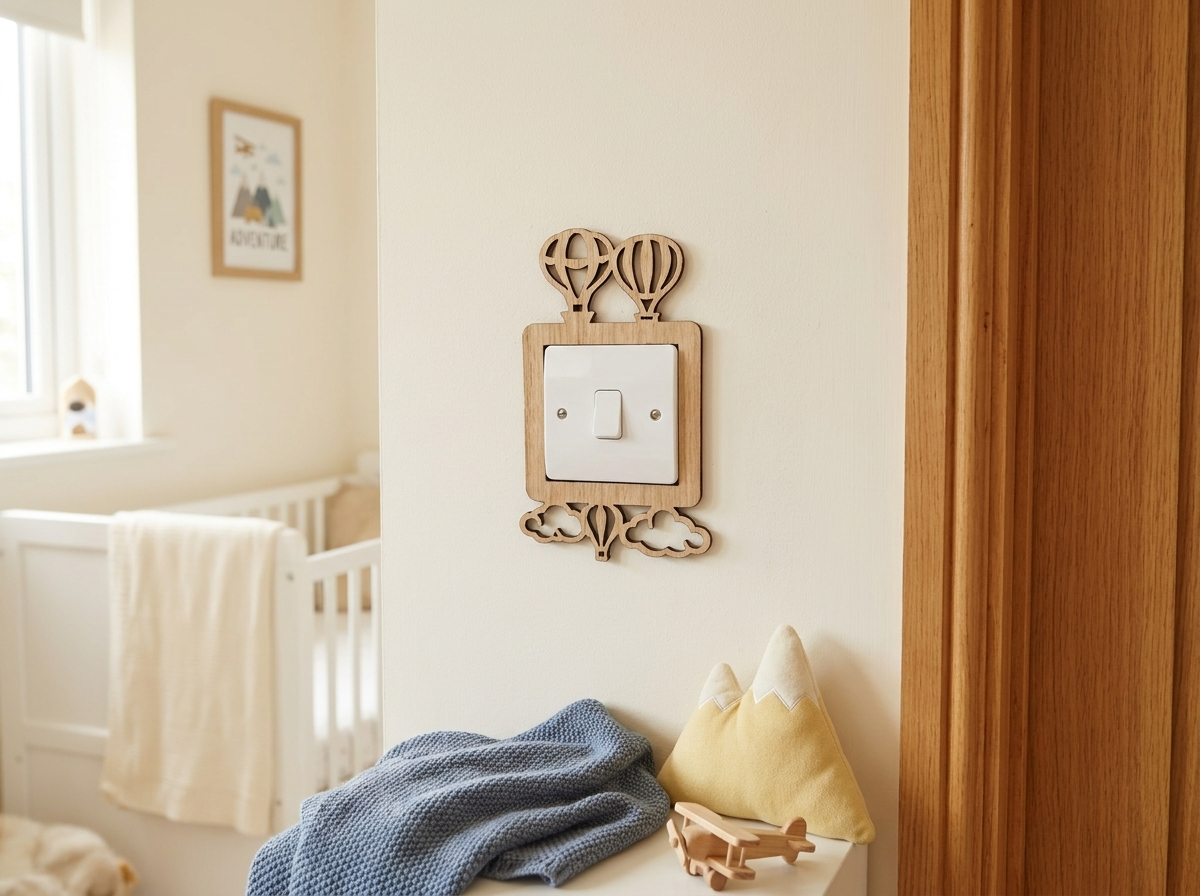 Wooden light switch surround with three hot air balloons and clouds on a wall in a nursery. 