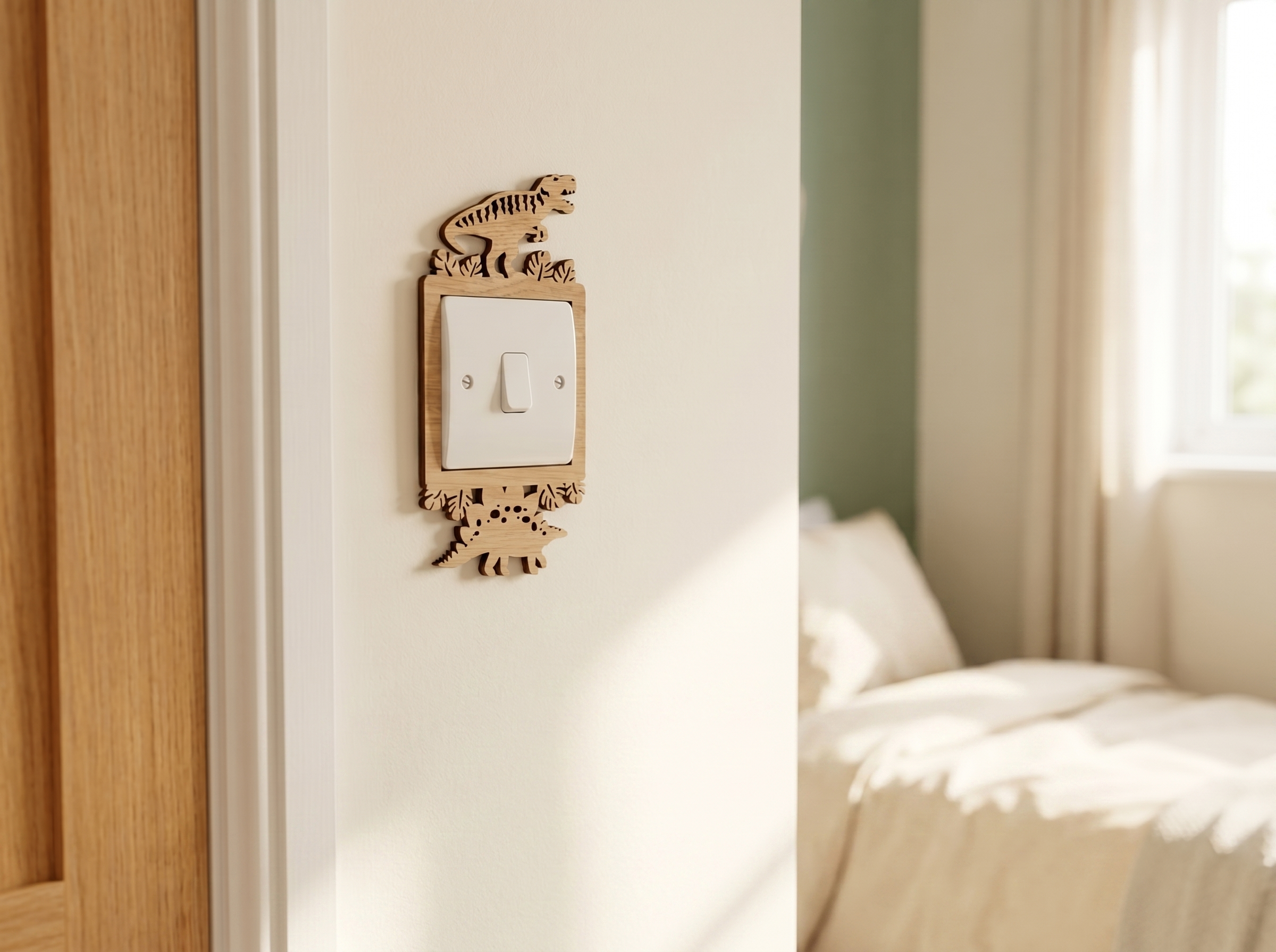 Wooden decorative light switch cover with a T-Rex and Stegosaurus design on a wall next to a bed with sunlight streaming through curtains.