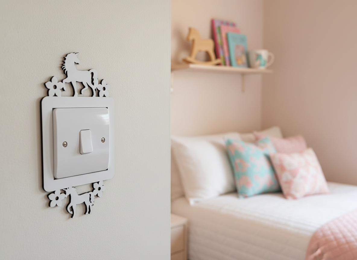 Decorative light switch cover with two unicorns and four flowers on a wall in a child's room.