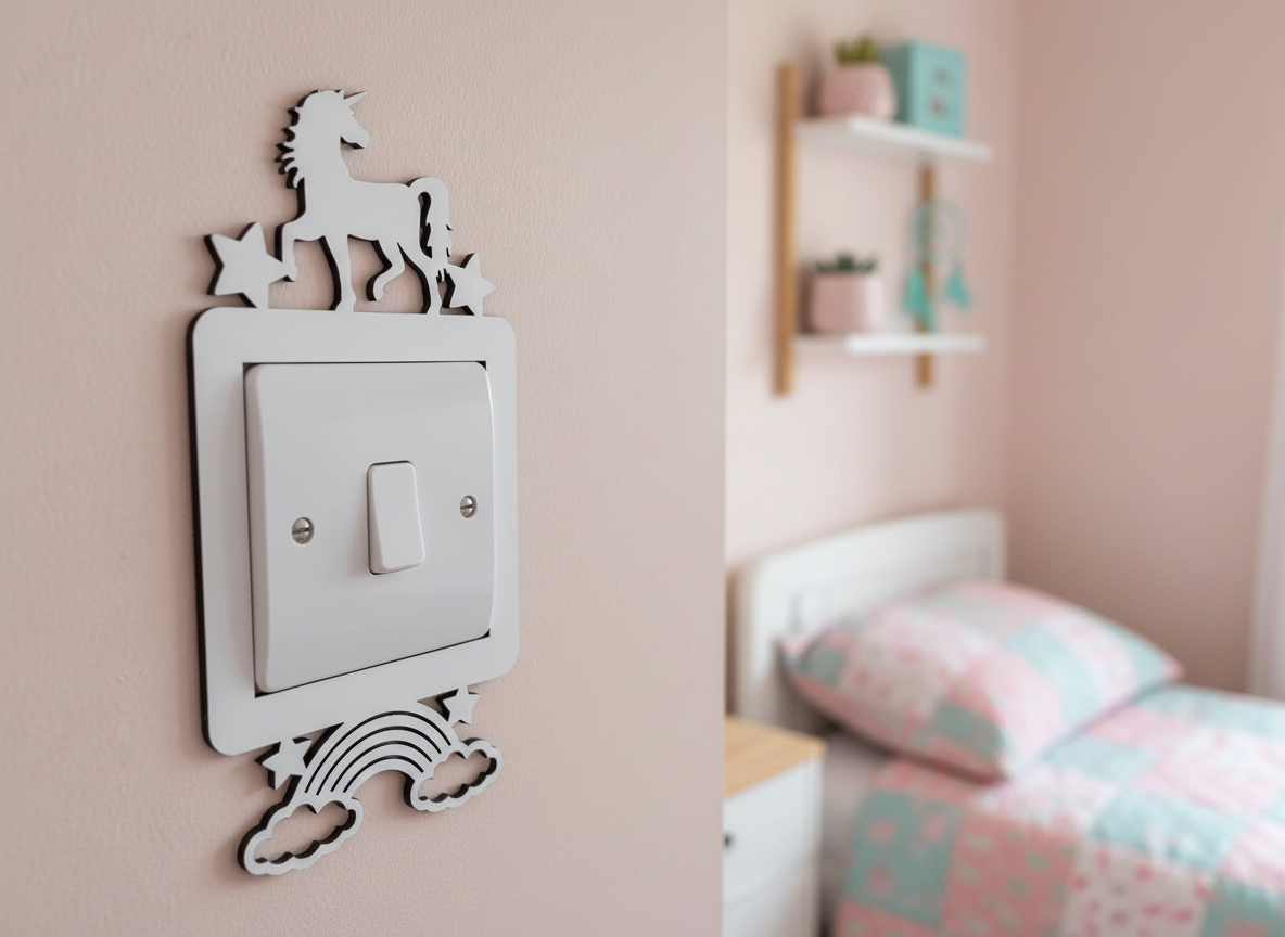 Decorative light switch cover with a unicorn, stars and rainbow in white wood in a child's bedroom.