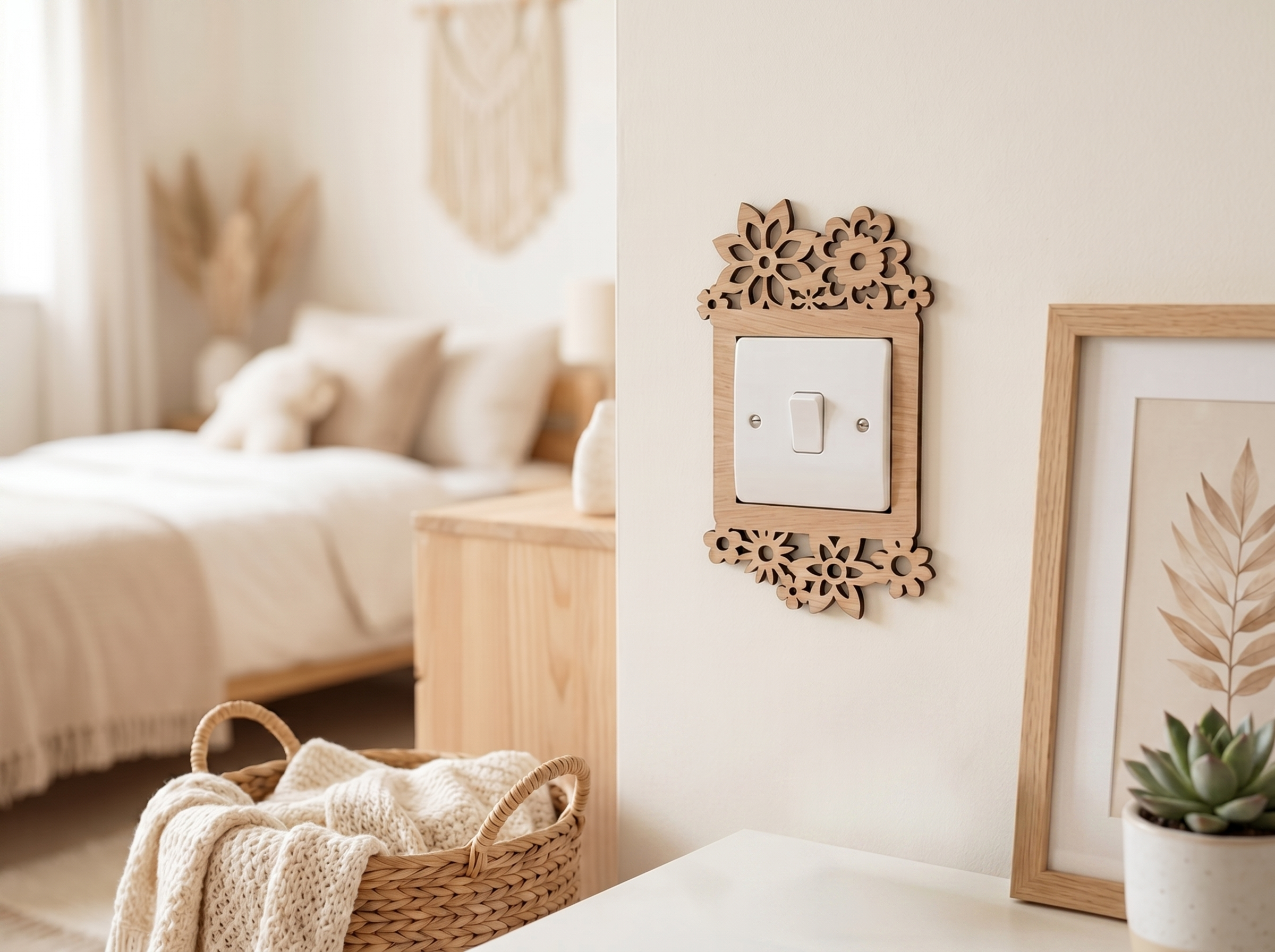 Decorative light switch cover with floral daisy design in a bedroom setting.