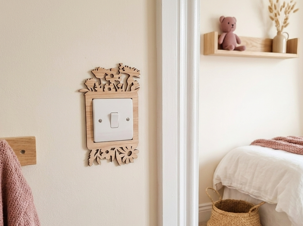 Decorative wildflower design wooden  light switch cover on a wall next to a bed with a teddy bear and plant.