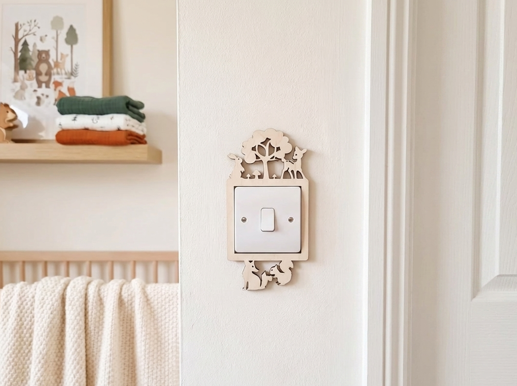 Decorative wooden light switch cover with a forest animal design on a white wall.