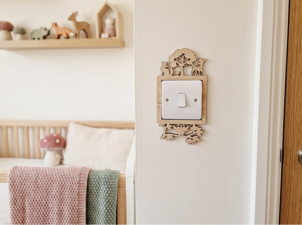 Decorative wooden light switch cover with woodland fox, deer and owl design in a nursery setting.