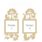 two identical frames, each containing a cutout of a tree, a deer, and a rabbit, along with the text "Design 1" and "Design 2" displayed on the frames.