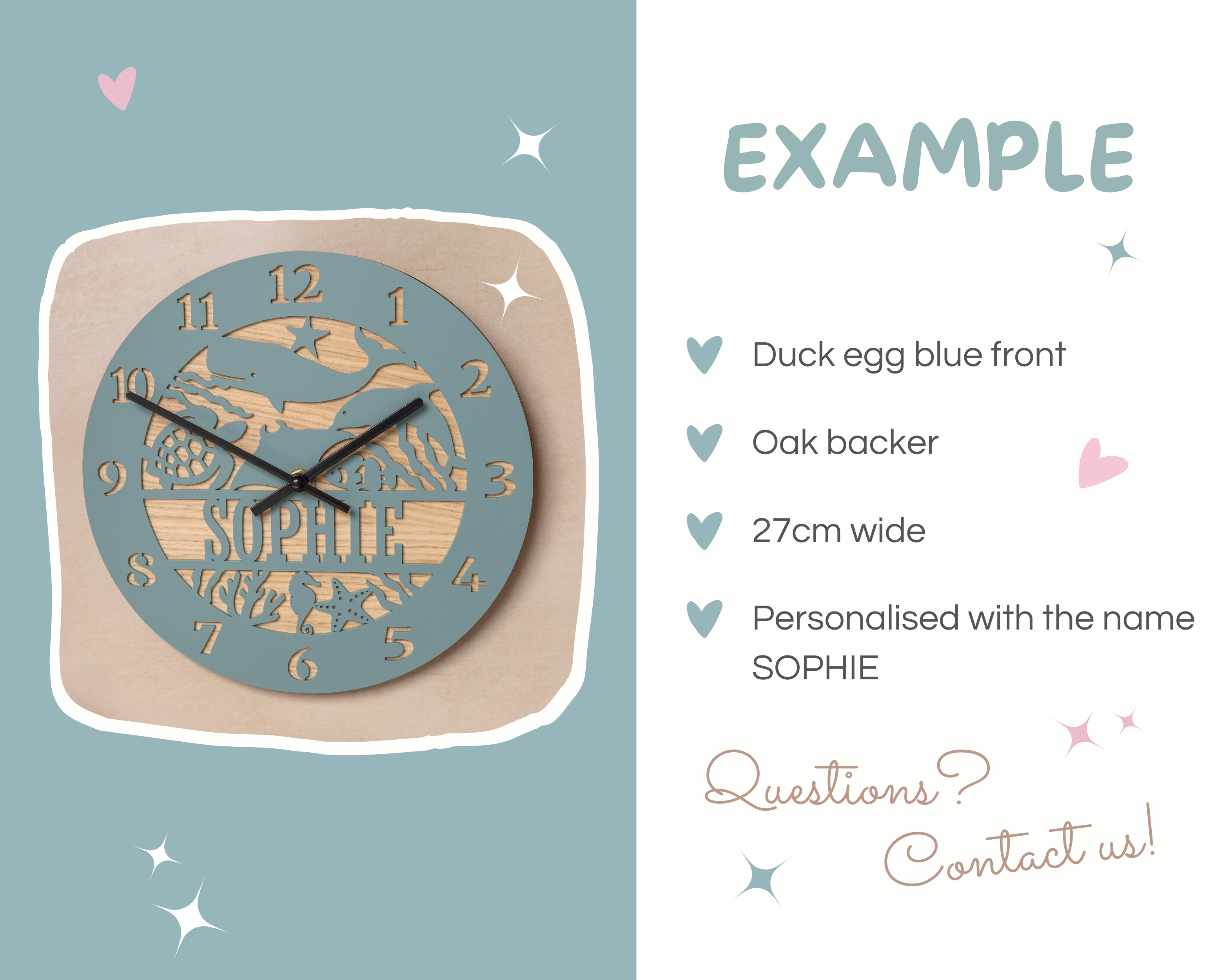 a clock with a duck egg blue front and oak backing, and it is personalized with the name Sophie.