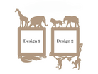 two identical square frames, each containing a silhouette of a giraffe, elephant, lion, and crocodile. The frames are labeled "Design 1" and "Design 2".