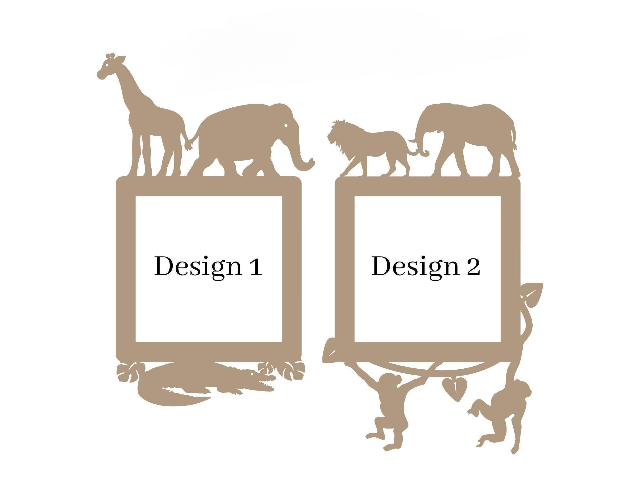 two identical square frames, each containing a silhouette of a giraffe, elephant, lion, and crocodile. The frames are labeled "Design 1" and "Design 2".