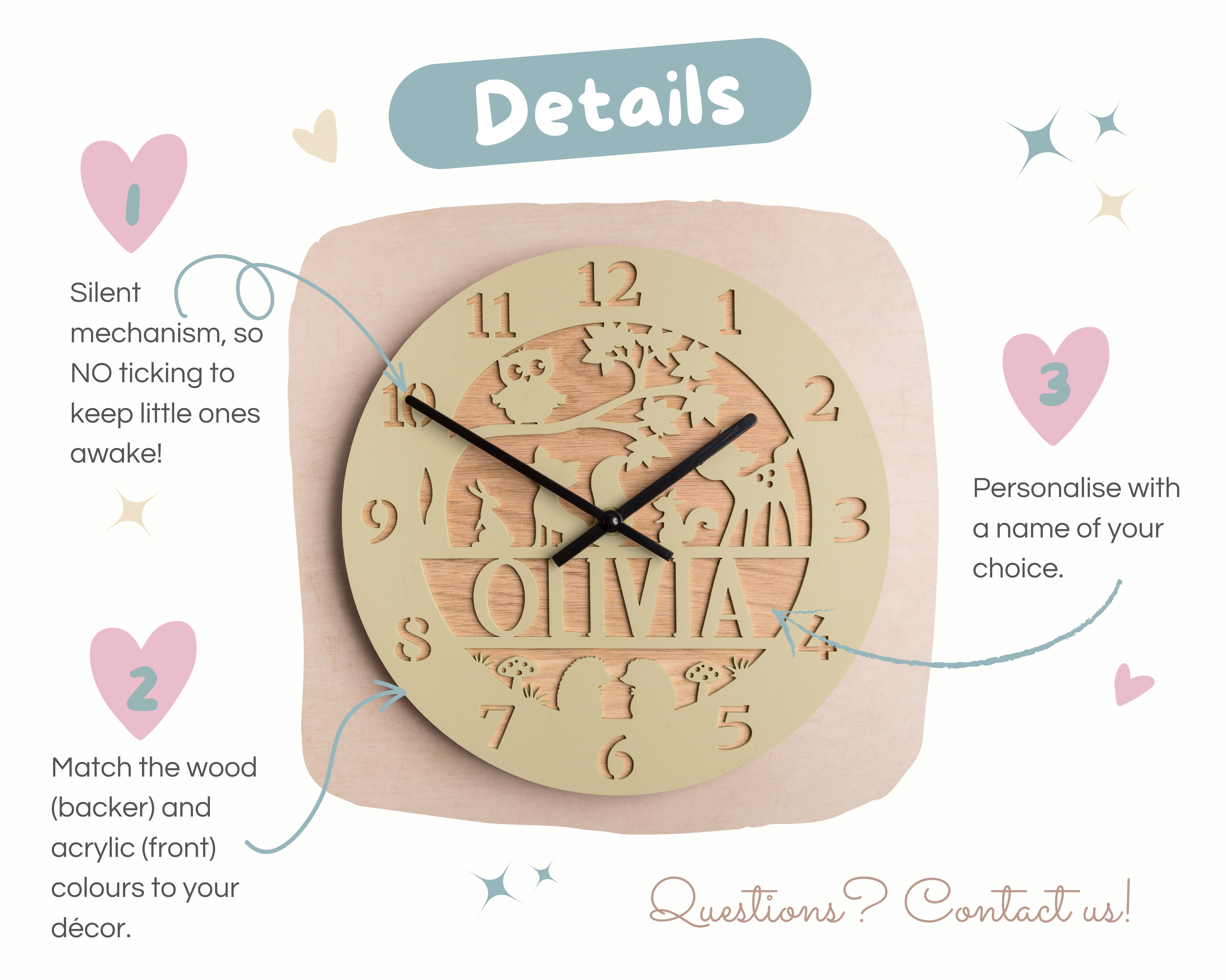 The image is a detailed description of a clock with a wooden and acrylic design, featuring a personalized name carved into the wood and a matching name carved into the acrylic. The clock is set against a light pink background with hearts and stars scattered around.