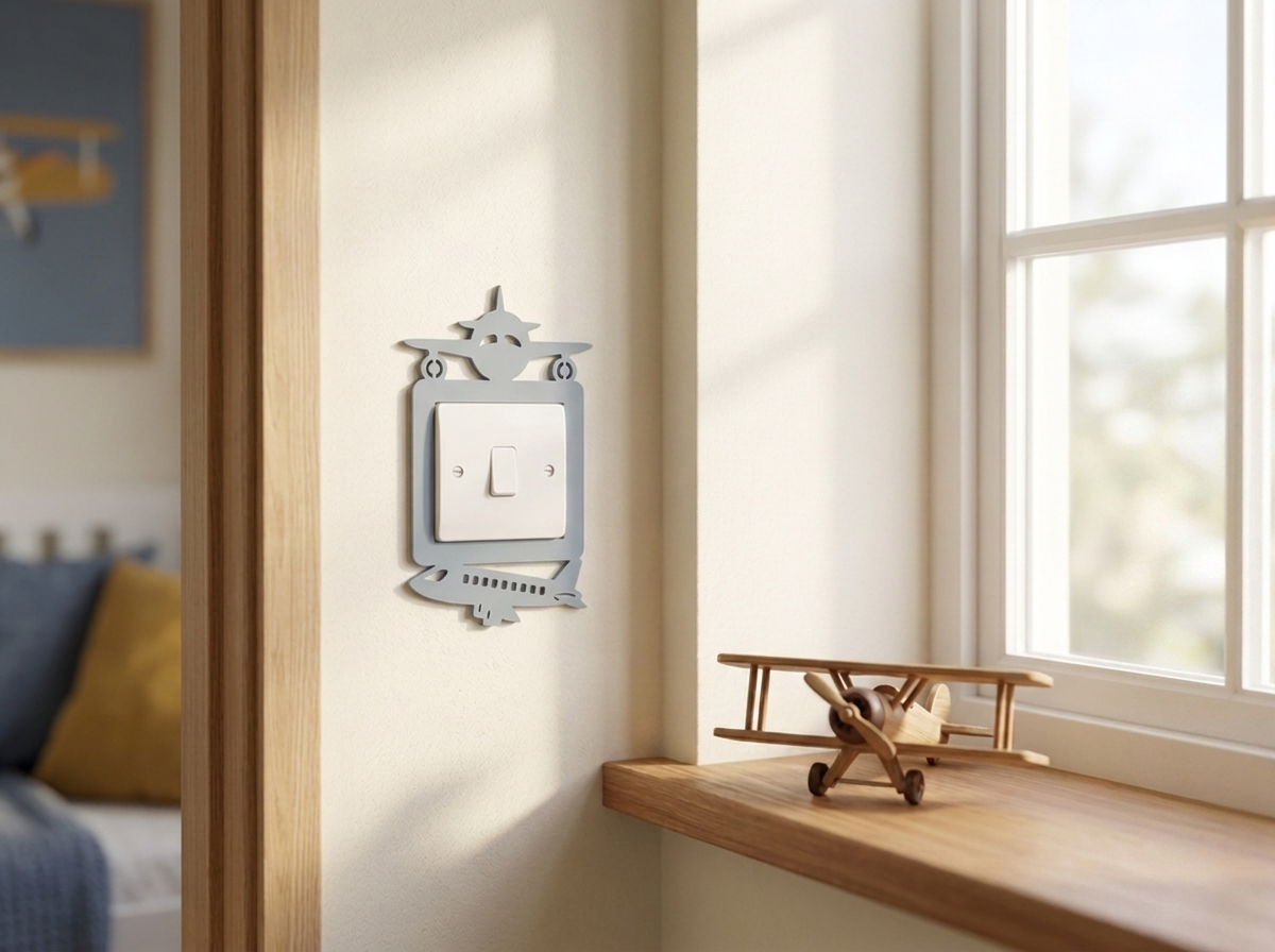 Decorative acrylic light switch cover with jumbo jet aeroplane design on a wall in an aviation themed boy's bedroom.