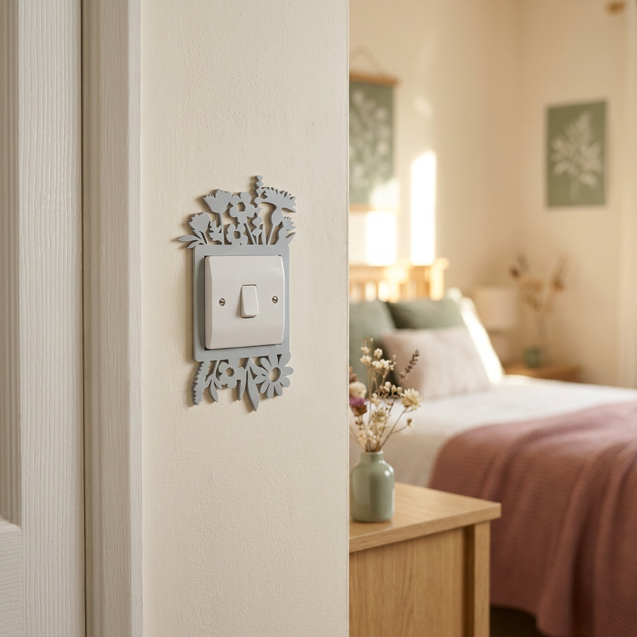 Decorative acrylic light switch cover with wildflower design on a wall in a botanical themed girl's bedroom.